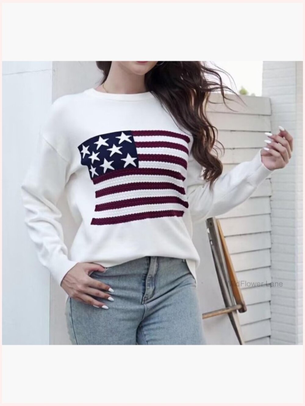 American Flag Knit Sweater Long Sleeve Crew Neck Pullover - Picture 2 of 7